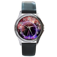 Happy New Year Clock Time Fireworks Pictures Round Metal Watch by Sapixe