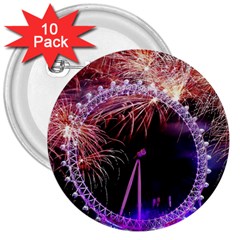 Happy New Year Clock Time Fireworks Pictures 3  Buttons (10 Pack)  by Sapixe