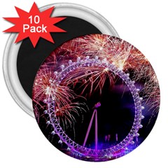 Happy New Year Clock Time Fireworks Pictures 3  Magnets (10 Pack)  by Sapixe