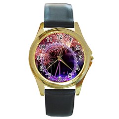 Happy New Year Clock Time Fireworks Pictures Round Gold Metal Watch by Sapixe