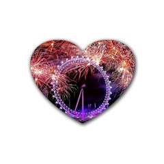 Happy New Year Clock Time Fireworks Pictures Rubber Coaster (heart)  by Sapixe