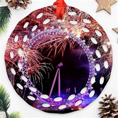 Happy New Year Clock Time Fireworks Pictures Ornament (round Filigree) by Sapixe