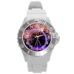 Happy New Year Clock Time Fireworks Pictures Round Plastic Sport Watch (l) by Sapixe