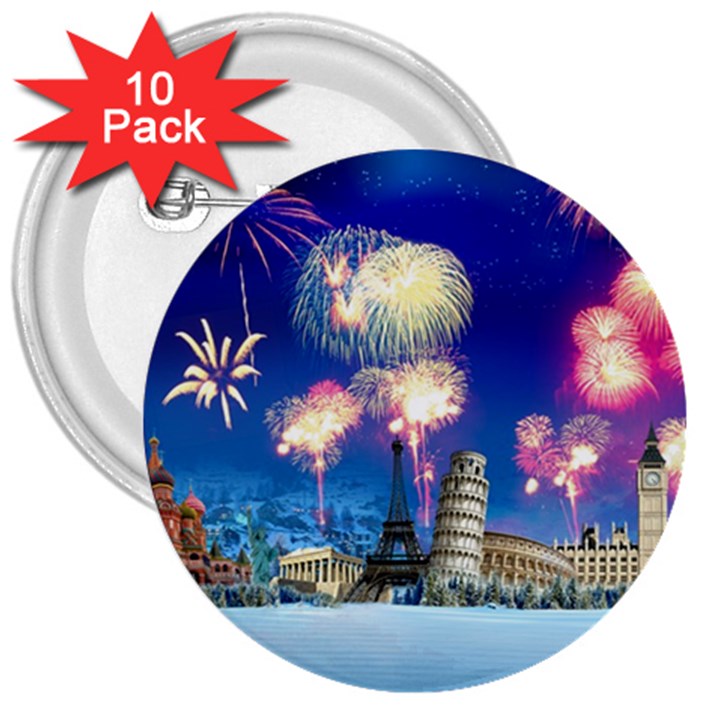 Happy New Year Celebration Of The New Year Landmarks Of The Most Famous Cities Around The World Fire 3  Buttons (10 pack) 