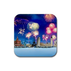 Happy New Year Celebration Of The New Year Landmarks Of The Most Famous Cities Around The World Fire Rubber Coaster (Square) 