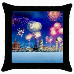 Happy New Year Celebration Of The New Year Landmarks Of The Most Famous Cities Around The World Fire Throw Pillow Case (Black)