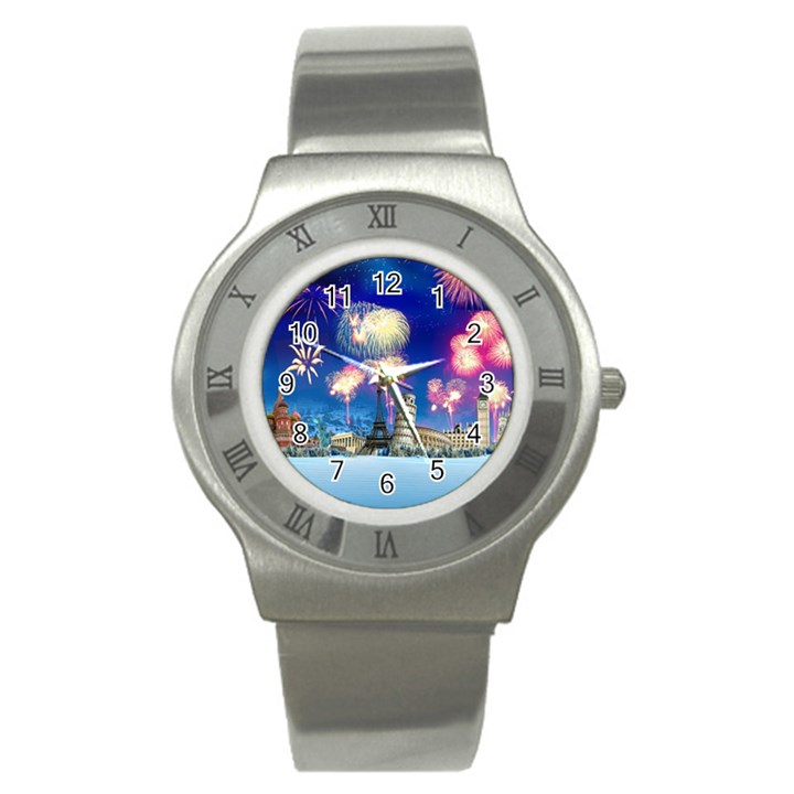 Happy New Year Celebration Of The New Year Landmarks Of The Most Famous Cities Around The World Fire Stainless Steel Watch