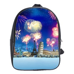 Happy New Year Celebration Of The New Year Landmarks Of The Most Famous Cities Around The World Fire School Bag (Large)