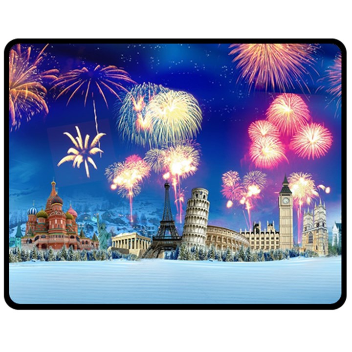 Happy New Year Celebration Of The New Year Landmarks Of The Most Famous Cities Around The World Fire Fleece Blanket (Medium) 