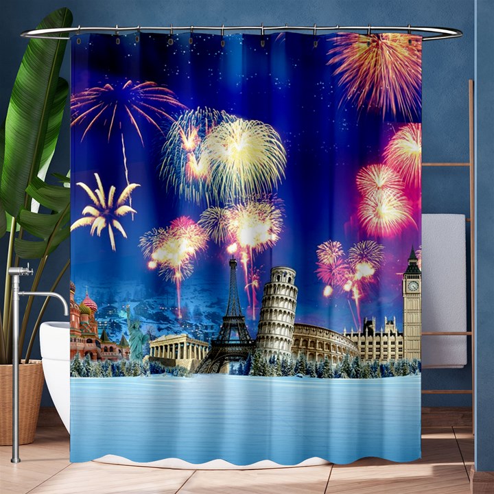 Happy New Year Celebration Of The New Year Landmarks Of The Most Famous Cities Around The World Fire Shower Curtain 60  x 72  (Medium) 