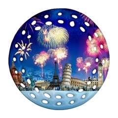 Happy New Year Celebration Of The New Year Landmarks Of The Most Famous Cities Around The World Fire Ornament (round Filigree) by Sapixe