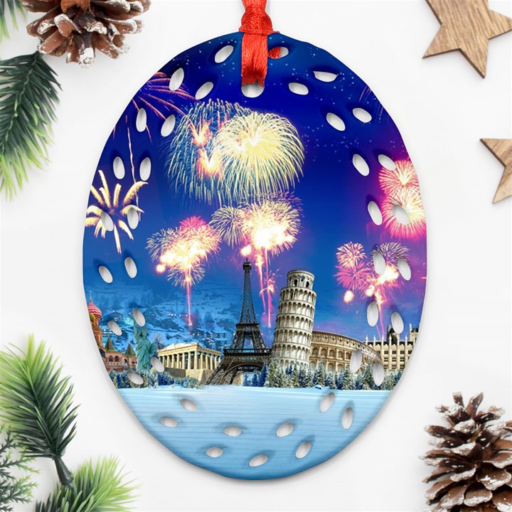 Happy New Year Celebration Of The New Year Landmarks Of The Most Famous Cities Around The World Fire Ornament (Oval Filigree)