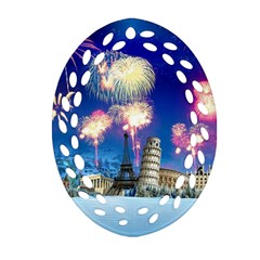 Happy New Year Celebration Of The New Year Landmarks Of The Most Famous Cities Around The World Fire Oval Filigree Ornament (two Sides) by Sapixe