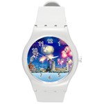 Happy New Year Celebration Of The New Year Landmarks Of The Most Famous Cities Around The World Fire Round Plastic Sport Watch (M) Front