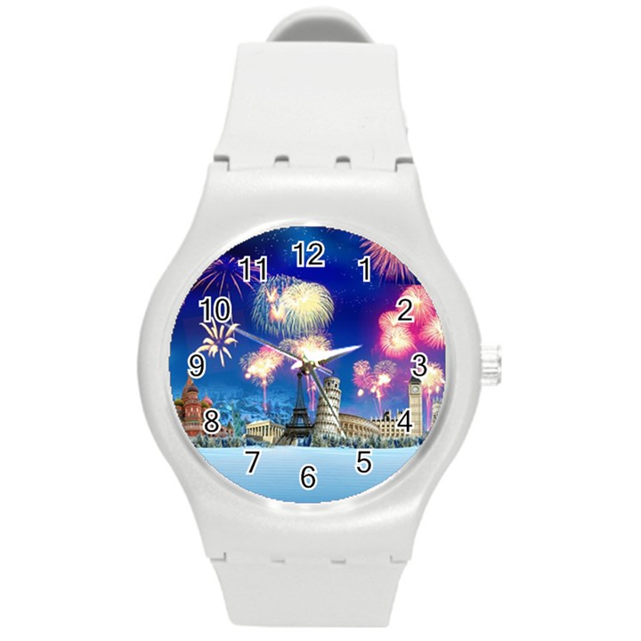 Happy New Year Celebration Of The New Year Landmarks Of The Most Famous Cities Around The World Fire Round Plastic Sport Watch (M)