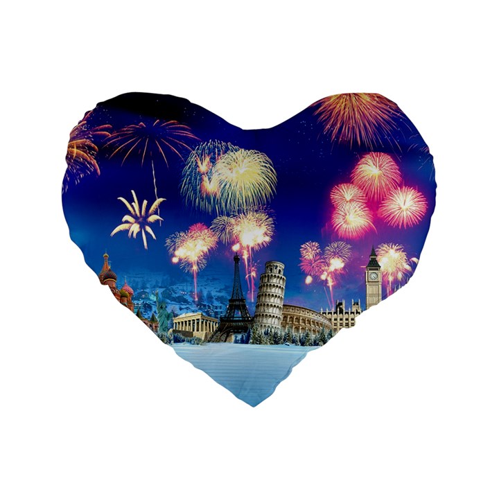 Happy New Year Celebration Of The New Year Landmarks Of The Most Famous Cities Around The World Fire Standard 16  Premium Heart Shape Cushions