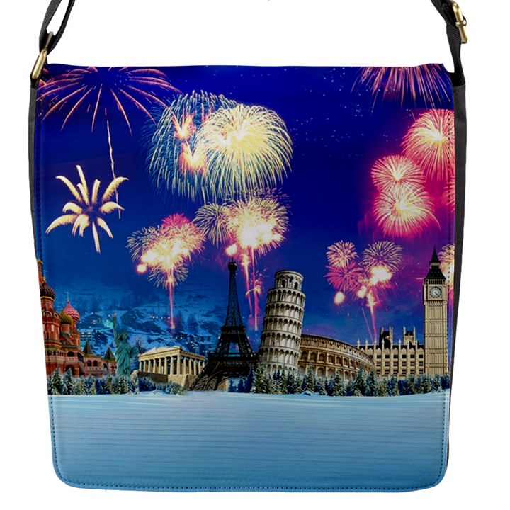 Happy New Year Celebration Of The New Year Landmarks Of The Most Famous Cities Around The World Fire Flap Messenger Bag (S)