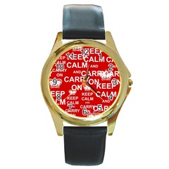 Keep Calm And Carry On Round Gold Metal Watch by Sapixe