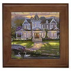 Landscape House River Bridge Swans Art Background Framed Tiles by Sapixe