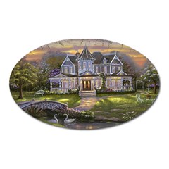 Landscape House River Bridge Swans Art Background Oval Magnet by Sapixe