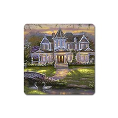 Landscape House River Bridge Swans Art Background Square Magnet by Sapixe