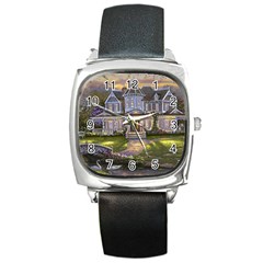 Landscape House River Bridge Swans Art Background Square Metal Watch by Sapixe