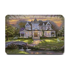 Landscape House River Bridge Swans Art Background Small Doormat  by Sapixe