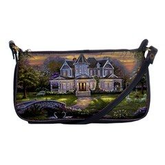 Landscape House River Bridge Swans Art Background Shoulder Clutch Bags by Sapixe