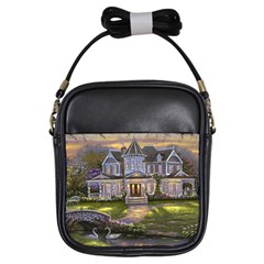 Landscape House River Bridge Swans Art Background Girls Sling Bags by Sapixe