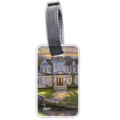 Landscape House River Bridge Swans Art Background Luggage Tags (one Side)  by Sapixe