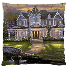 Landscape House River Bridge Swans Art Background Large Cushion Case (two Sides) by Sapixe