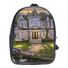 Landscape House River Bridge Swans Art Background School Bag (xl) by Sapixe