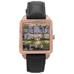 Landscape House River Bridge Swans Art Background Rose Gold Leather Watch  by Sapixe