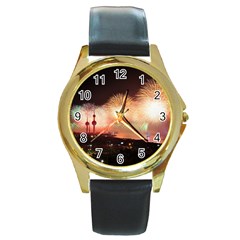 Kuwait Liberation Day National Day Fireworks Round Gold Metal Watch by Sapixe