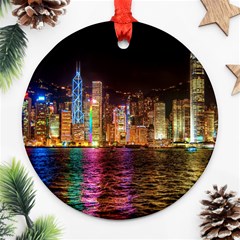 Light Water Cityscapes Night Multicolor Hong Kong Nightlights Ornament (round) by Sapixe