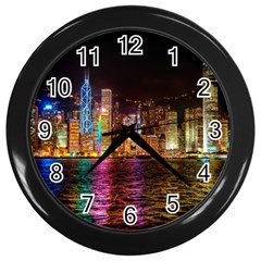 Light Water Cityscapes Night Multicolor Hong Kong Nightlights Wall Clocks (black) by Sapixe