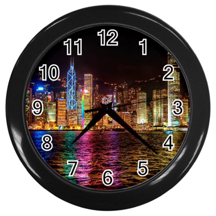 Light Water Cityscapes Night Multicolor Hong Kong Nightlights Wall Clocks (Black)