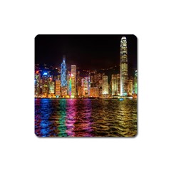 Light Water Cityscapes Night Multicolor Hong Kong Nightlights Square Magnet by Sapixe