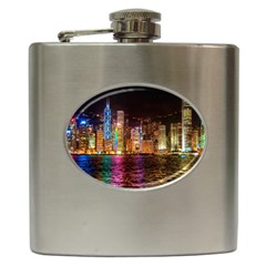 Light Water Cityscapes Night Multicolor Hong Kong Nightlights Hip Flask (6 Oz) by Sapixe