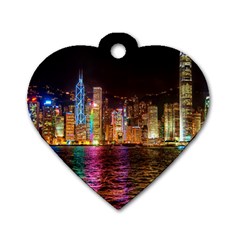 Light Water Cityscapes Night Multicolor Hong Kong Nightlights Dog Tag Heart (two Sides) by Sapixe