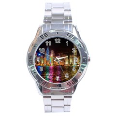 Light Water Cityscapes Night Multicolor Hong Kong Nightlights Stainless Steel Analogue Watch by Sapixe