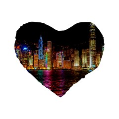 Light Water Cityscapes Night Multicolor Hong Kong Nightlights Standard 16  Premium Flano Heart Shape Cushions by Sapixe