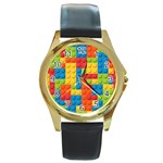 Lego Bricks Pattern Round Gold Metal Watch Front