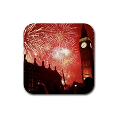 London Celebration New Years Eve Big Ben Clock Fireworks Rubber Square Coaster (4 Pack)  by Sapixe