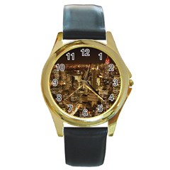 New York City At Night Future City Night Round Gold Metal Watch by Sapixe