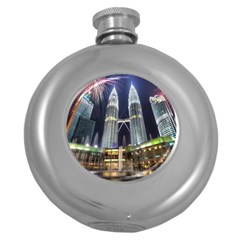 New Years Eve Petronas Towers Kuala Lumpur Malaysia Round Hip Flask (5 Oz) by Sapixe