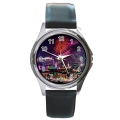 New Year New Year’s Eve In Salzburg Austria Holiday Celebration Fireworks Round Metal Watch by Sapixe