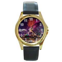 New Year New Year’s Eve In Salzburg Austria Holiday Celebration Fireworks Round Gold Metal Watch by Sapixe