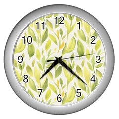 Green Leaves Nature Patter Wall Clocks (silver)  by paulaoliveiradesign