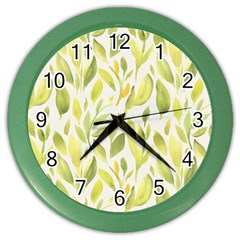 Green Leaves Nature Patter Color Wall Clocks by paulaoliveiradesign